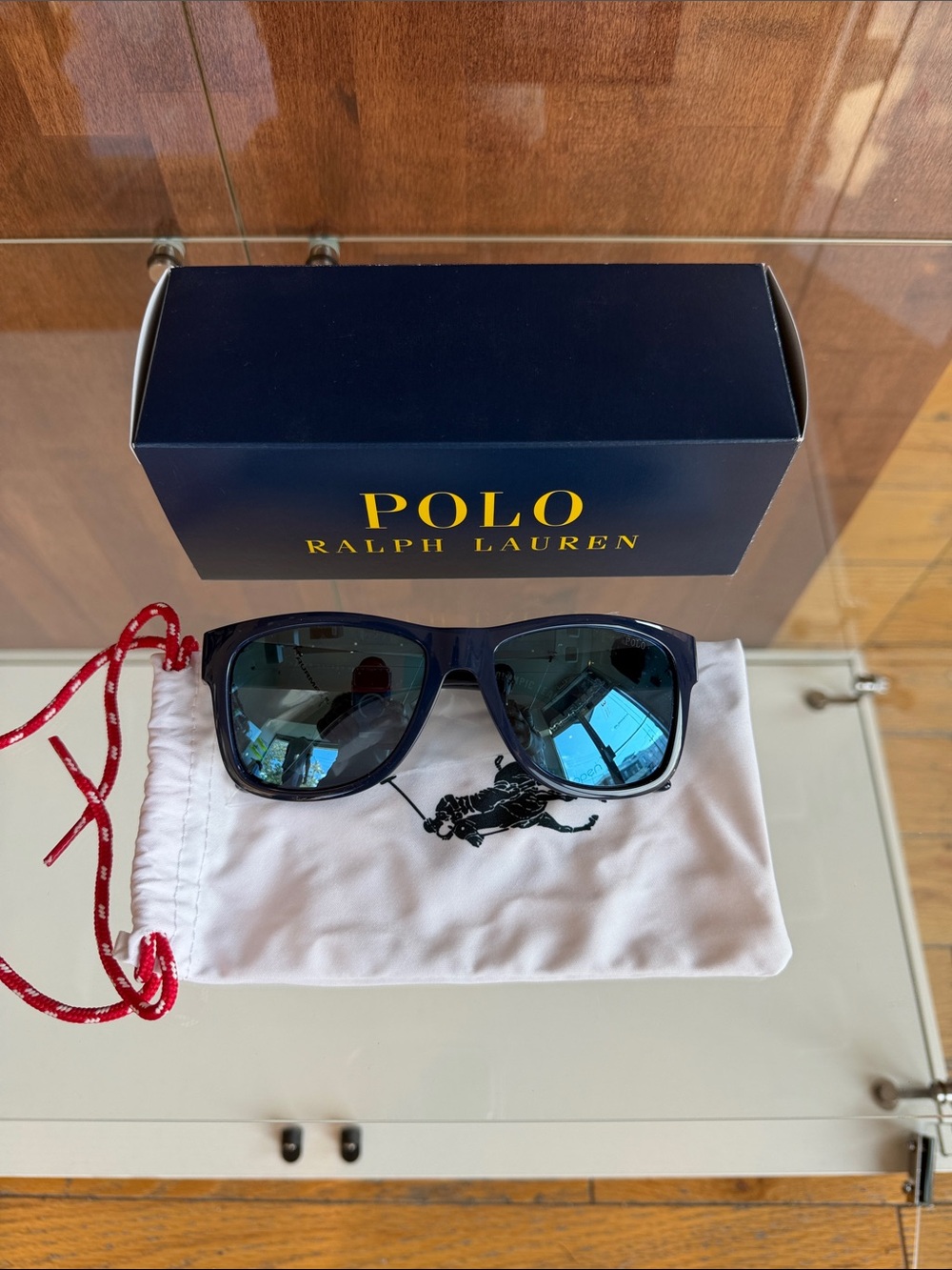 Ralph Lauren Polo Black Sunglasses with White Star Pattern and Red Temples